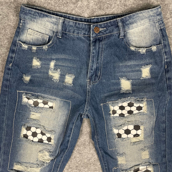 Wear Jeans Women’s L Distressed Honeycomb Patchwork Grunge Soccer Denim Jeans - Picture 3 of 9